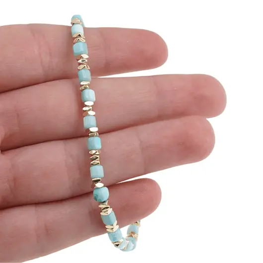 Bratara Sidef albastru cuburi cu elemente aurii, 3mm, imagine 3