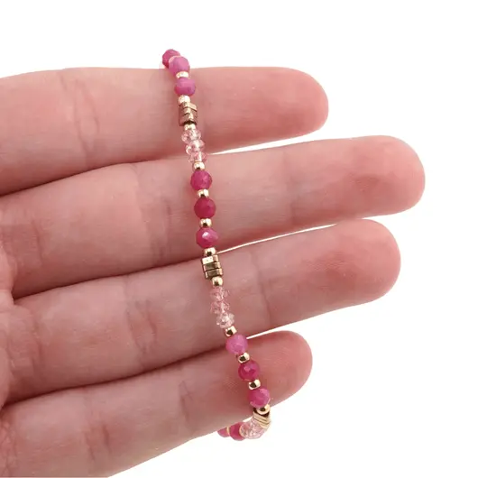 Bratara Sidef si Agat roz sfere fatetate cu elemene aurii, 3mm, imagine 3