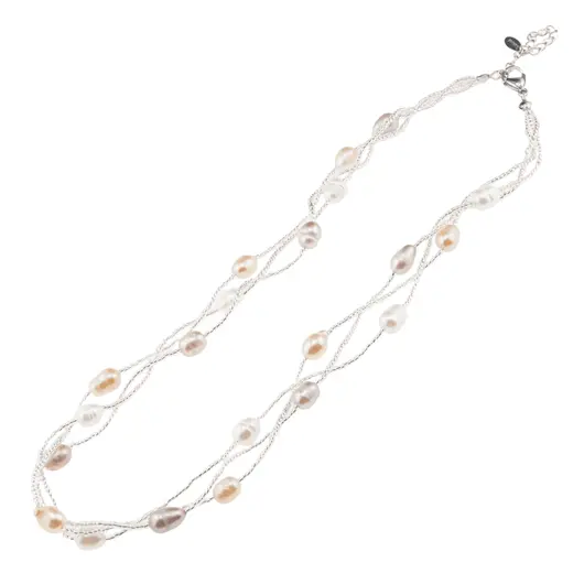Colier Perle de cultura pe trei randuri roz, crem si albe, 6-8mm, imagine 2
