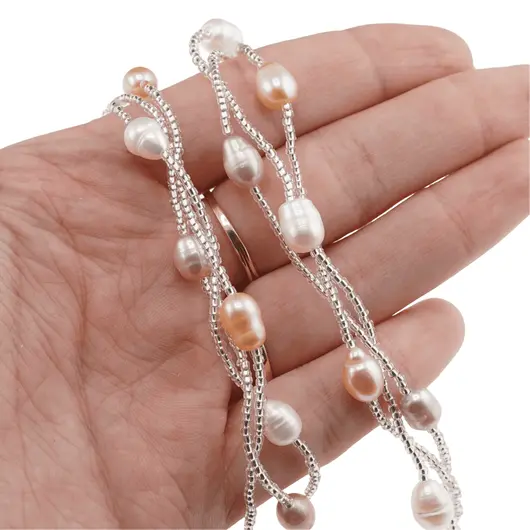 Colier Perle de cultura pe trei randuri roz, crem si albe, 6-8mm, imagine 4