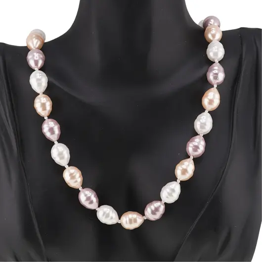 Colier Perle de Mallorca lunguiete roz, crem si albe, 13mm