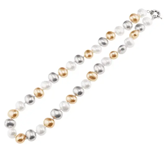 Colier Perle de Mallorca ovale gri, aurii si albe, 13mm, imagine 2