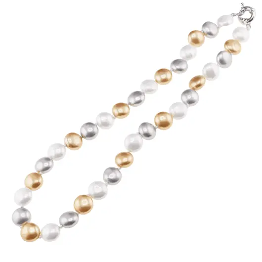 Colier Perle de Mallorca turtite gri, aurii si albe, 12mm, imagine 2