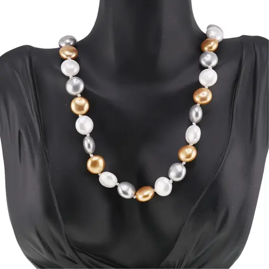Colier Perle de Mallorca turtite gri, aurii si albe, 12mm