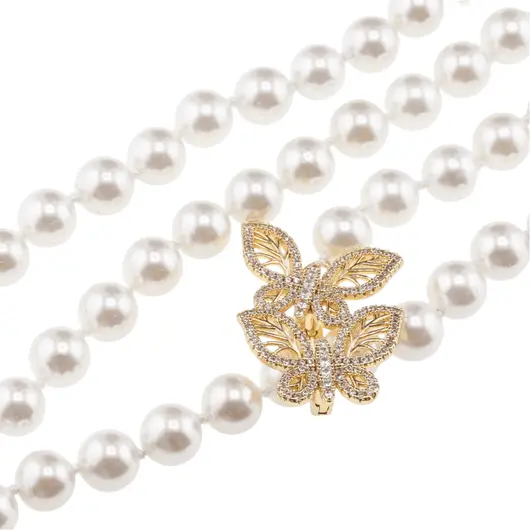Colier reglabil cu Perle de Mallorca albe si accesoriu fluturi aurii, 8mm, imagine 3