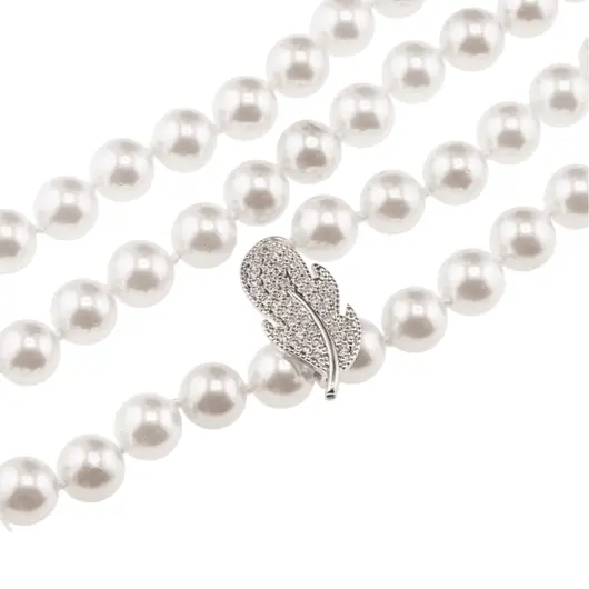 Colier reglabil cu Perle de Mallorca albe si accesoriu pana argintie, 8mm, imagine 3