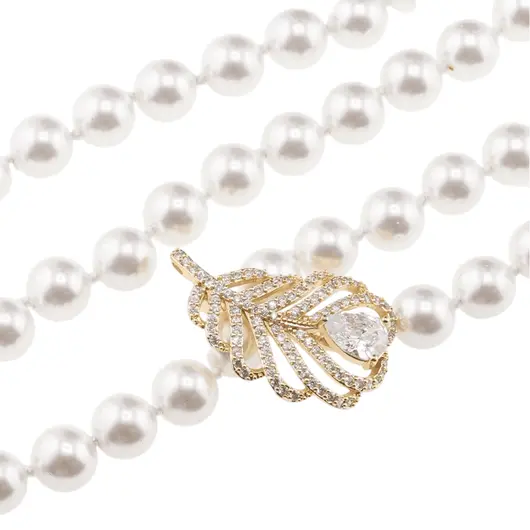 Colier reglabil cu Perle de Mallorca albe si accesoriu pana de paun aurie, 8mm, imagine 3