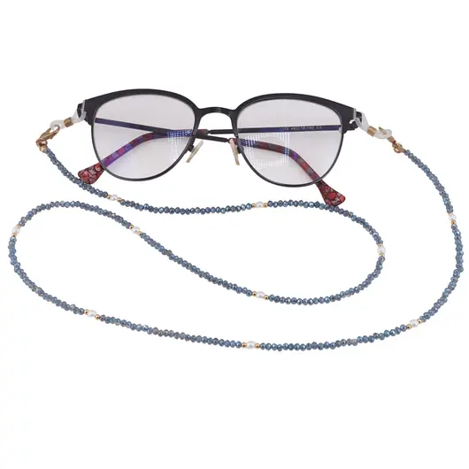 Colier / Snur pentru ochelari albastru discuri fatetate si Perle, 70cm, imagine 3
