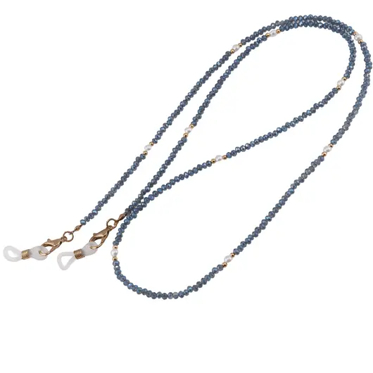 Colier / Snur pentru ochelari albastru discuri fatetate si Perle, 70cm
