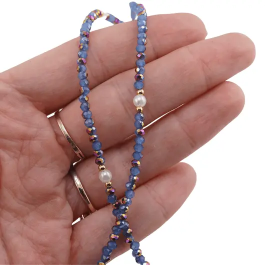 Colier / Snur pentru ochelari albastru electroplacat discuri fatetate si Perle, 70cm, imagine 4