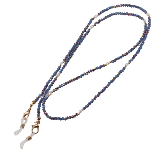 Colier / Snur pentru ochelari albastru electroplacat discuri fatetate si Perle, 70cm