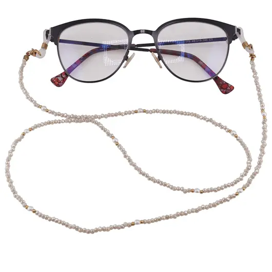 Colier / Snur pentru ochelari bej discuri fatetate si Perle, 70cm, imagine 3