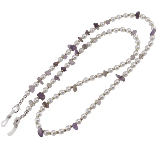 Colier / Snur pentru ochelari Perle si Ametist chips, 70cm