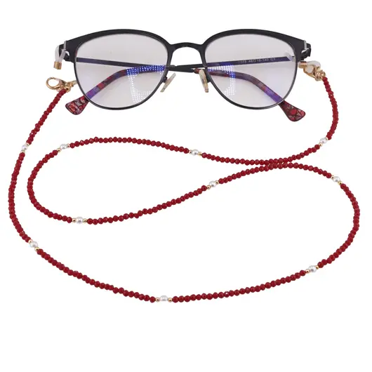 Colier / Snur pentru ochelari rosu discuri fatetate si Perle, 70cm, imagine 3