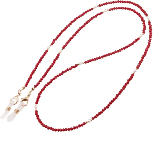 Colier / Snur pentru ochelari rosu discuri fatetate si Perle, 70cm