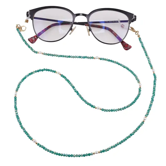 Colier / Snur pentru ochelari verde discuri fatetate si Perle, 70cm, imagine 3
