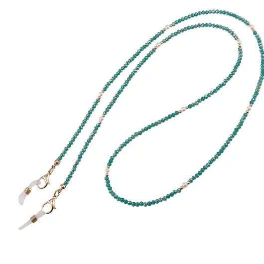 Colier / Snur pentru ochelari verde discuri fatetate si Perle, 70cm