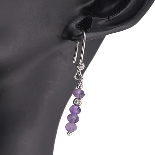 Cercei cu agatatoare Ametist si bumb gravat cu Argint 925, 3mm, imagine 2