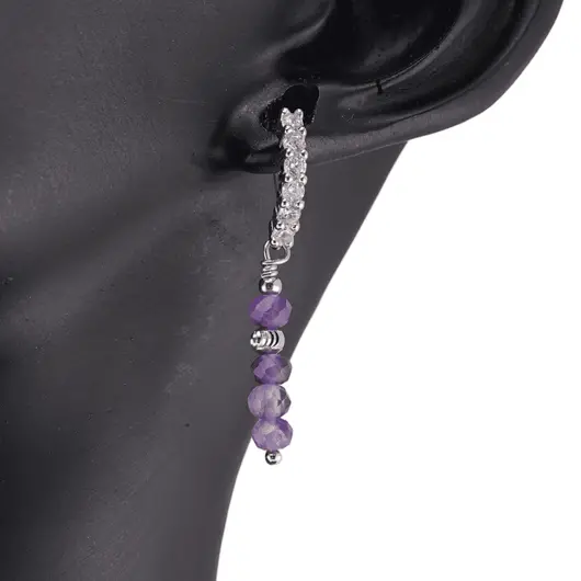 Cercei cu surub Ametist si bumb gravat cu baza de Argint 925 semirotunda cu zirconii, 3mm, imagine 2