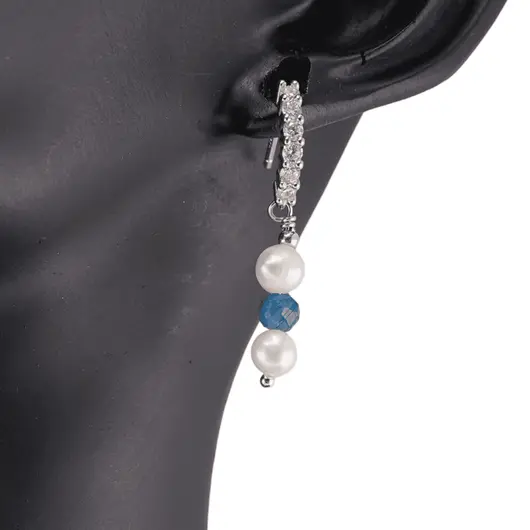 Cercei cu surub Perle de cultura si Kianit cu baza de Argint 925 semirotunda cu zirconii, 4-5mm, imagine 2