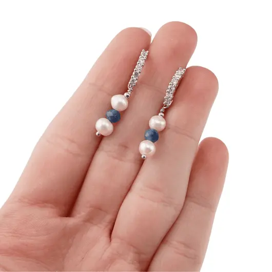 Cercei cu surub Perle de cultura si Kianit cu baza de Argint 925 semirotunda cu zirconii, 4-5mm, imagine 3
