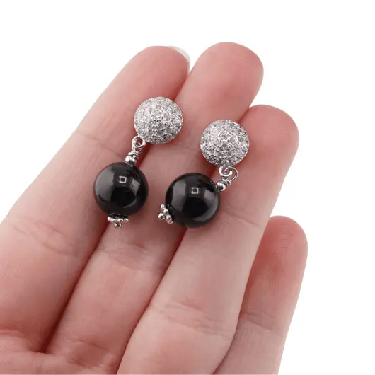 Cercei cu surub Turmalina neagra sfere cu baza din Argint 925 semisfera cu zirconii, 10mm, imagine 3