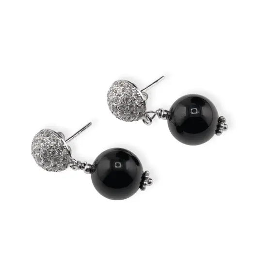 Cercei cu surub Turmalina neagra sfere cu baza din Argint 925 semisfera cu zirconii, 10mm