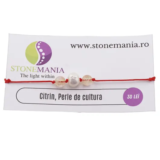 Bratara cu snur Citrin si Perla de cultura, 6-8mm