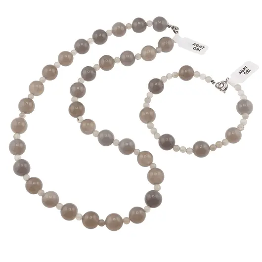 Set colier si bratara Agat gri sfere, 4-10mm