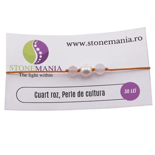 Bratara cu snur Cuart roz si Perla de cultura, 6-8mm