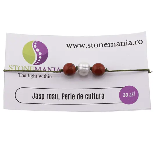 Bratara cu snur Jasp rosu si Perla de cultura, 8mm