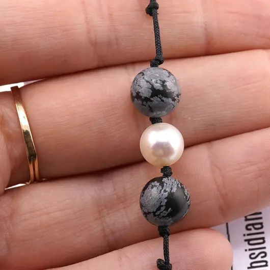 Bratara cu snur Obsidian fulg de nea si Perla de cultura, 8-9mm, imagine 2