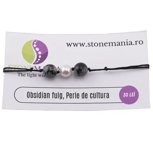 Bratara cu snur Obsidian fulg de nea si Perla de cultura, 8-9mm
