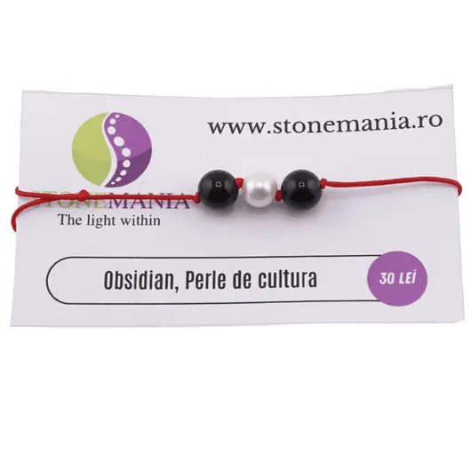 Bratara cu snur Obsidian si Perla de cultura, 8mm