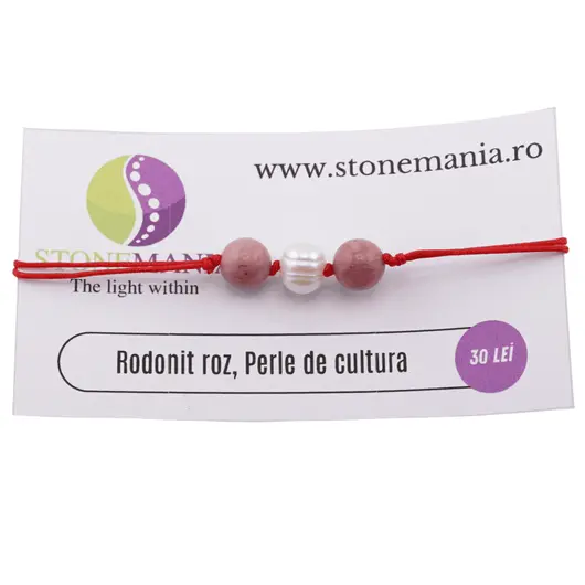 Bratara cu snur Rodonit roz si Perla de cultura, 8mm