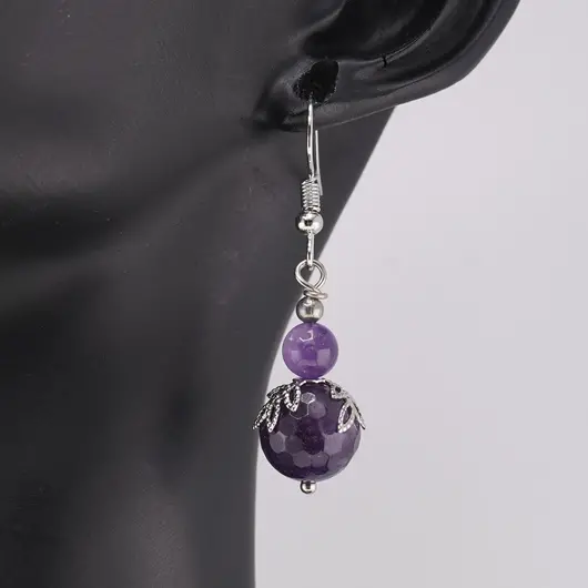 Cercei cu agatatoare Ametist sfere si flori argintii, 6-11mm, imagine 2