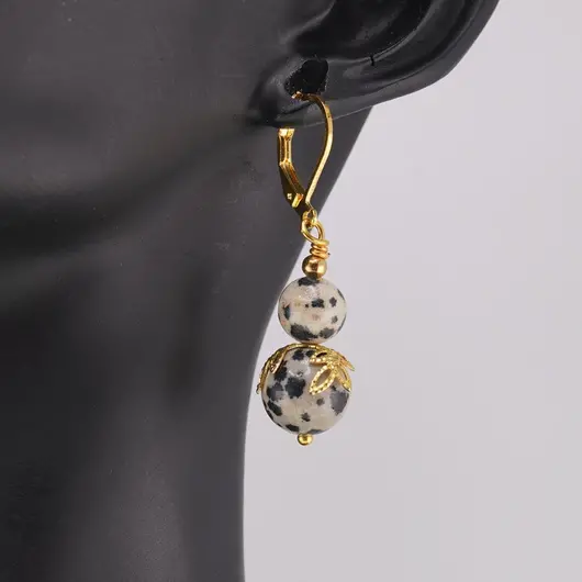 Cercei cu agatatoare Jasp dalmatian sfere si flori aurii, 8-10mm, imagine 2