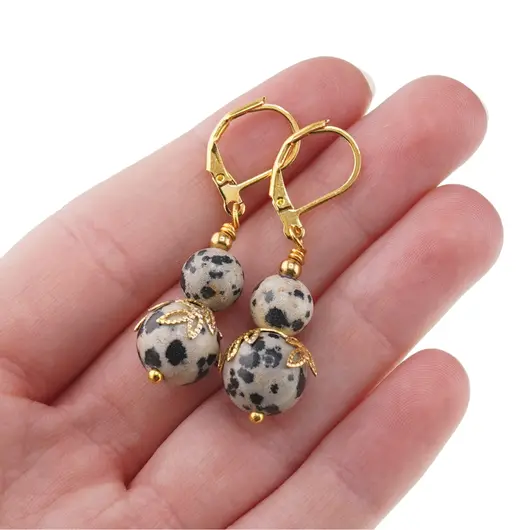 Cercei cu agatatoare Jasp dalmatian sfere si flori aurii, 8-10mm, imagine 3