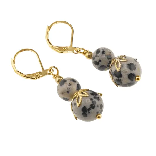 Cercei cu agatatoare Jasp dalmatian sfere si flori aurii, 8-10mm