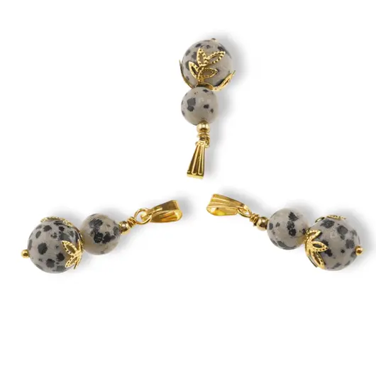 Pandantiv Jasp dalmatian sfere si flori aurii, 8-10mm