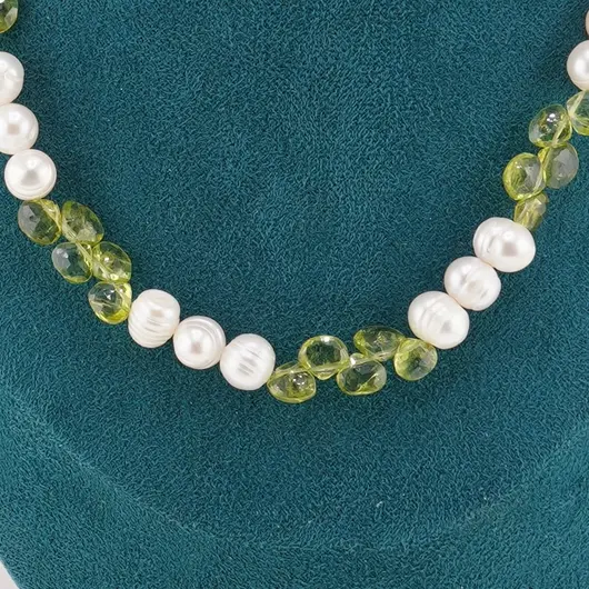 Colier Peridot briolete 7mm si Perle de cultura 8mm, cu inox auriu, imagine 3