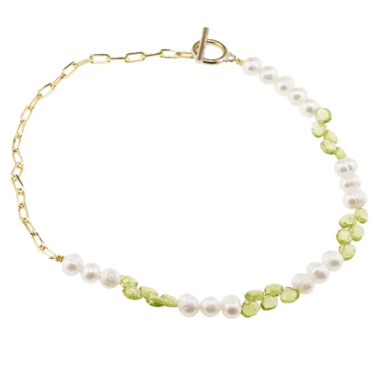 Colier Peridot briolete 7mm si Perle de cultura 8mm, cu inox auriu