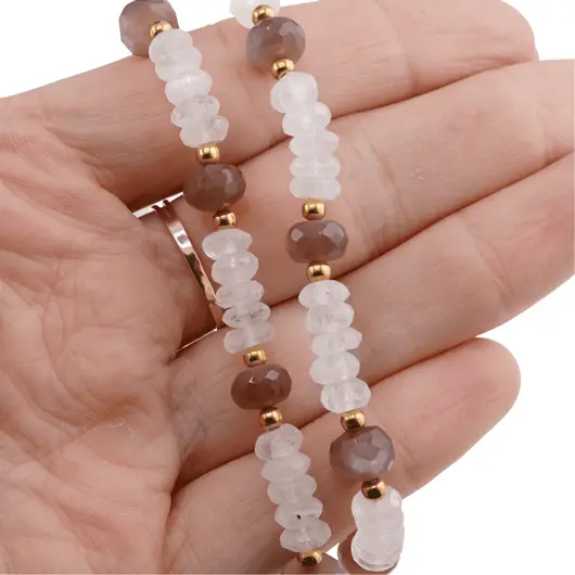 Set Colier si Bratara Piatra lunii alba si maro discuri fatetate, 6-8mm, imagine 3