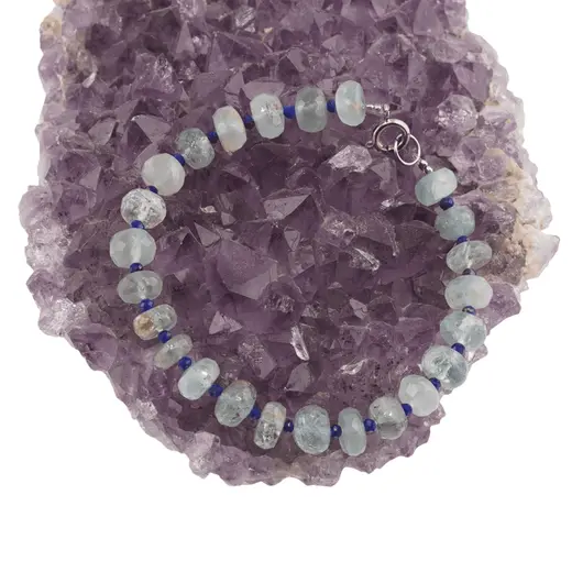 Bratara Acvamarin discuri fatetate 7-8mm si Lapis Lazuli sfere fatetate 2mm, imagine 2