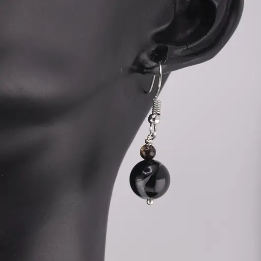 Cercei cu agatatoare Agat negru, sfere 10mm si 4mm, imagine 2