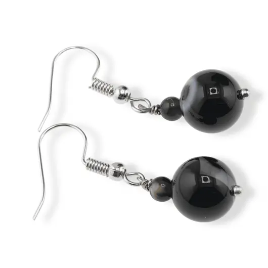 Cercei cu agatatoare Agat negru, sfere 10mm si 4mm