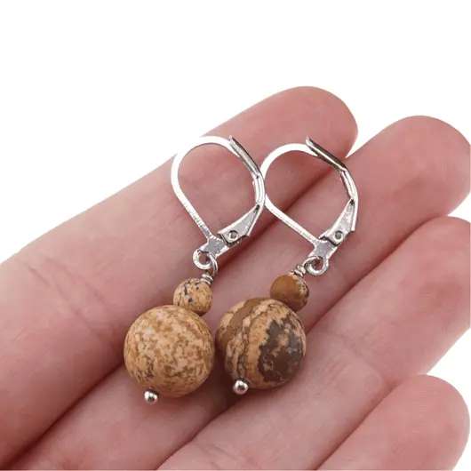 Cercei cu agatatoare Jasp peisaj mat, sfere 10mm si 4mm, imagine 3