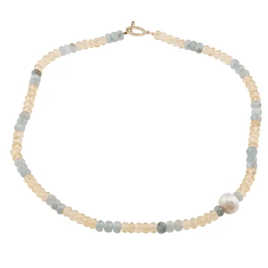 Colier Acvamarin si Citrin discuri fatetate 6mm si Perla de cultura 12mm, imagine 2