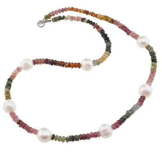 Colier Turmalina multicolora discuri fatetate 4mm si Perle de cultura 10mm