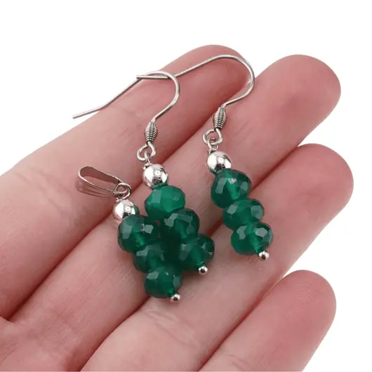 Set cercei cu agatatoare si pandantiv Agat verde discuri fatetate, 6-7mm, imagine 4